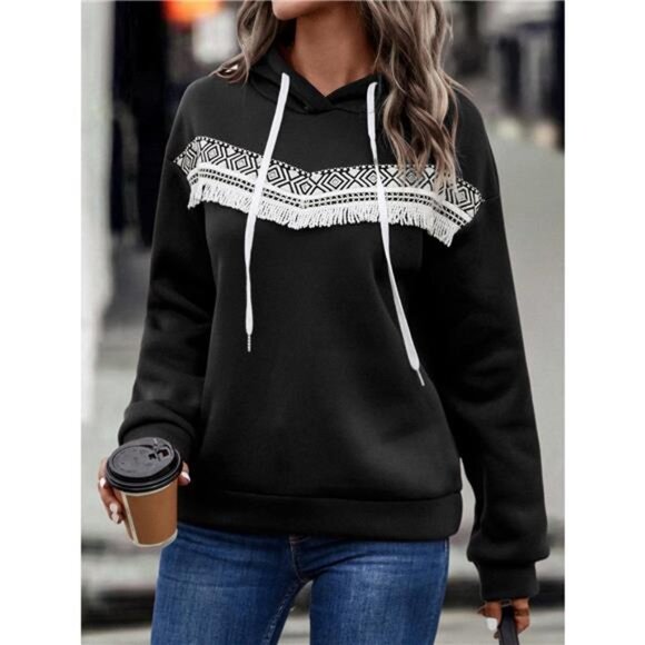 Fringe Detail Long Sleeve Drawstring Hoodie - Picture 10 of 16